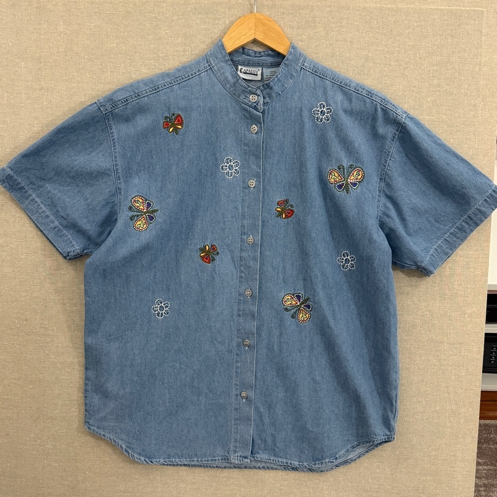 Capacity Casual Denim Shirt Flowers Butterflies Medium